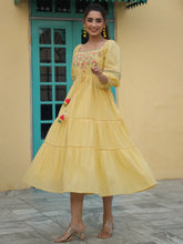 Women'S Yellow Cotton Dobby Embroidered Flared Dress